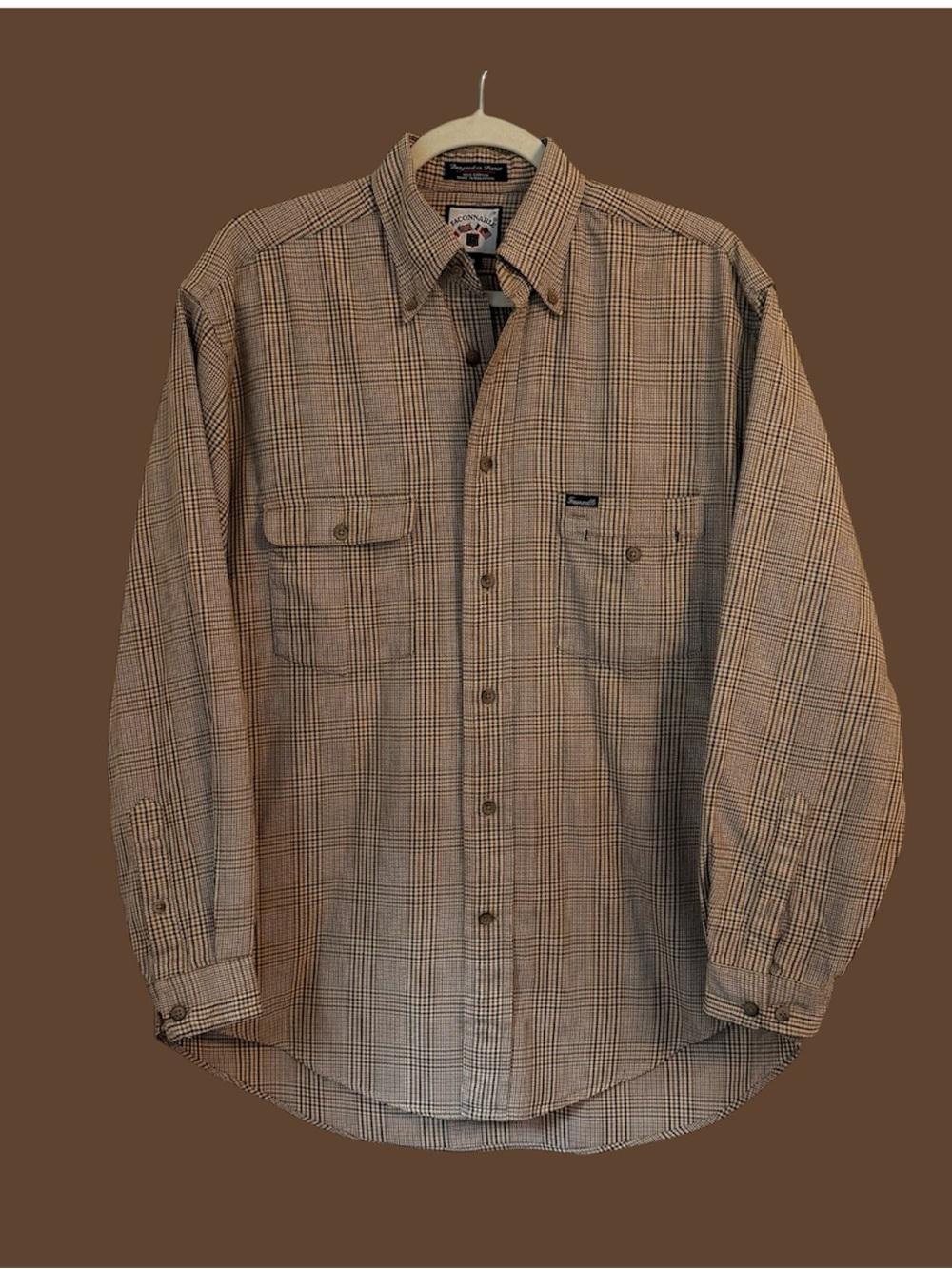 Vintage Faconnable Plaid Button Down Shirt Brown Tan 100% Cotton French Designer